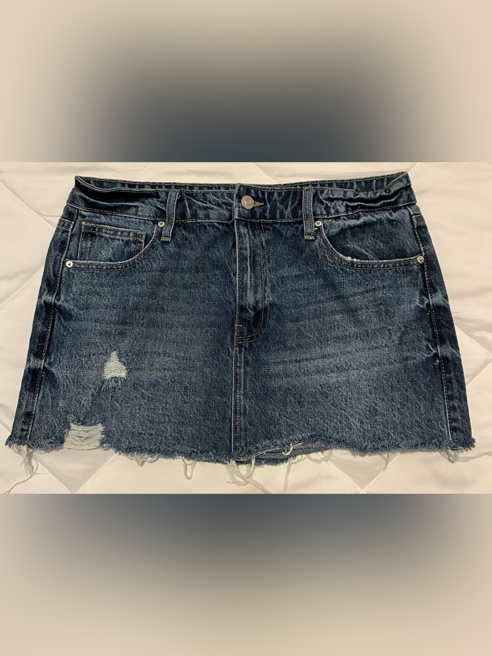 Seven7 Medium Blue Distressed Denim Mini Skirt